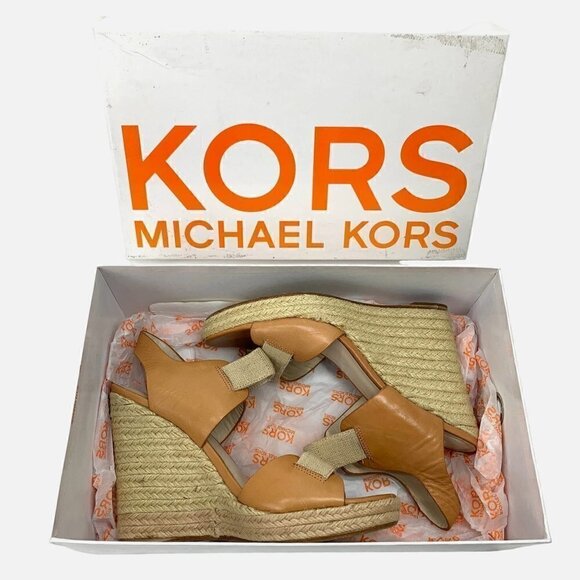 Michael Kors Windsor Platform Wedge Espadrille Sandals Tan Leather, Size 9M IOB - Picture 2 of 10